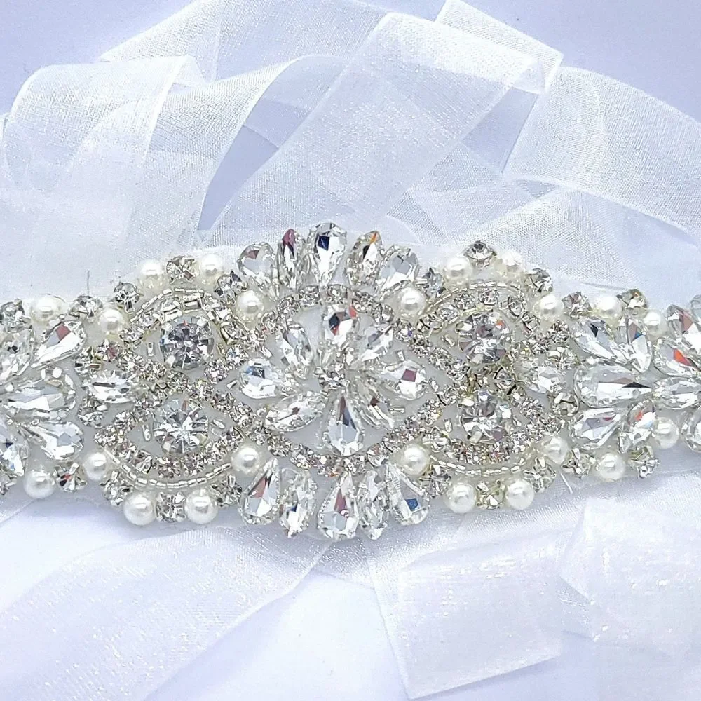 Rhinestone Pearl Bridal Belt Sash Crystal Wedding Dress Waist Tie Plus 109